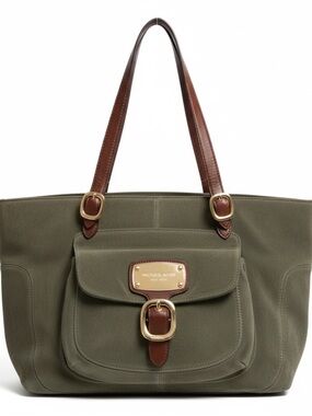 Michael Kors Olive Canvas Tote with Brown Leather Straps and Gold Hardware